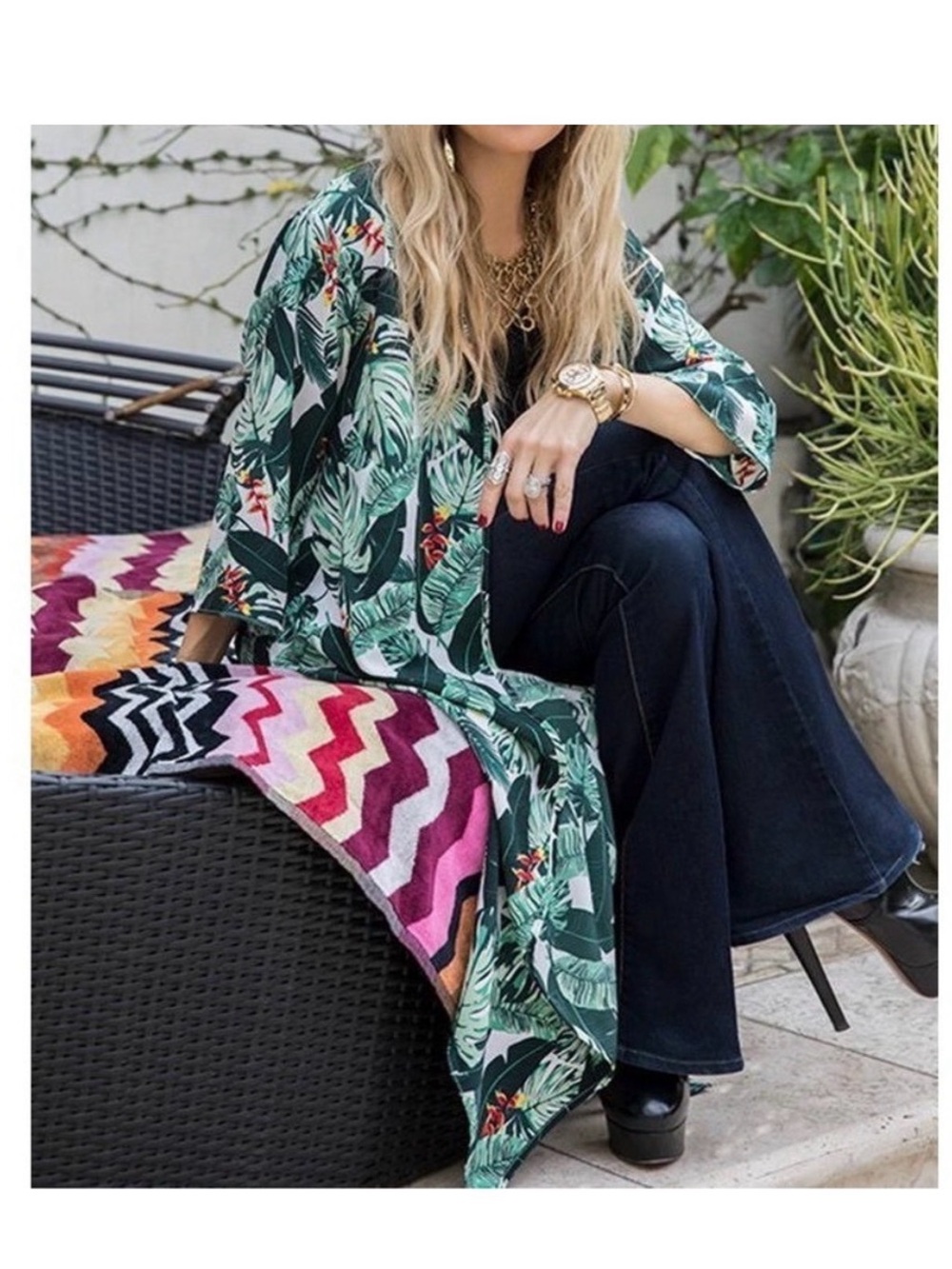 RACHEL ZOE • Palm Print Duster Kaftan Jacket in a Beautiful Tropical Palm Print - Picture 2 of 16